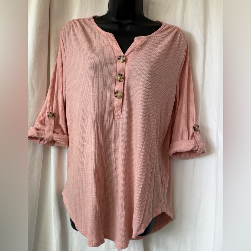 Como Vintage Women's Sz L Roll Sleeve V Neck Blouse